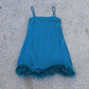 Thirty Thirty Teal Feather Trim Mini Dress M Satin Spaghetti Strap Party Glam